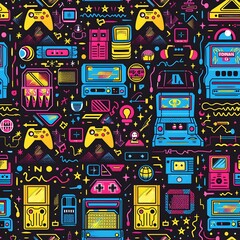 Retro Gaming Inspired Seamless Pattern for Vibrant Birthday Party