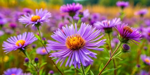 Fototapeta premium Wildflower beauty, New England Aster, blooms purple in a meadow field