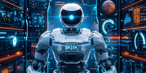 The Concept of Future AI Agents: An Illustrated Robot Encircled by Diverse Technological Gadgets in Detailed Blueprints