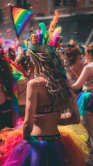 Colorful Pride Parade Celebration - A vibrant scene at a Pride parade featuring a participant in a rainbow outfit and headdress, capturing the essence of celebration and diversity.