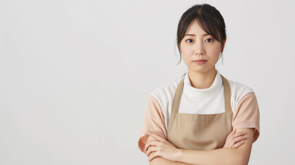 Obraz premium エプロン姿のアジア人女性主婦が白背景で不機嫌に考える・困る写真_春