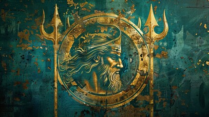 Golden crowned bearded man with flowing hair in a round frame on a textured green background with abstract patterns and gold accents symbolizing mythology.