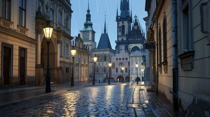 Obraz premium A Rainy Evening in Prague's Old Town