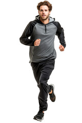 Man in Grey and Black Hoodie Running on White Background