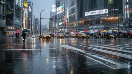 Obraz premium Rainy Day Stroll Through Tokyo's Bustling Streets