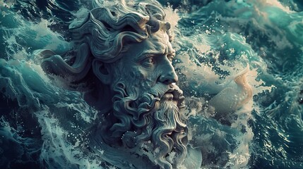 An artistic depiction of dynamic ocean waves in various shades of blue, capturing the powerful essence and movement of the sea amidst fluid motion.