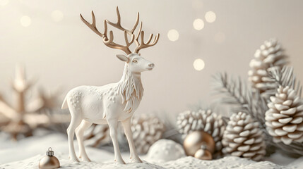 A white Christmas deer figurine with pinecones and ornaments