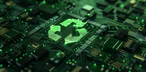 Sustainable Future Symbolized by a Green Arrow Emerging from a Microchip on a Circuit Board: Eco-Tech Advancements in Sustainable Electronics