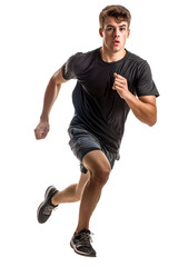 Young Man in Black Shirt Running on White Background