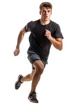 Young Man in Black Shirt Running on White Background