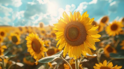 Vibrant sunflower field under blue sky