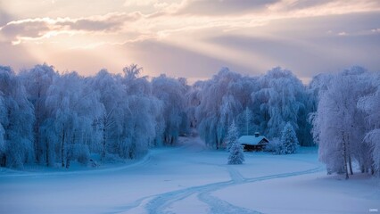 Obraz premium A stunning AI-generated winter landscape in the early morning, featuring a vast expanse of snow-covered trees, with the sun just risingover the horizon, casting a warm golden light on the scene