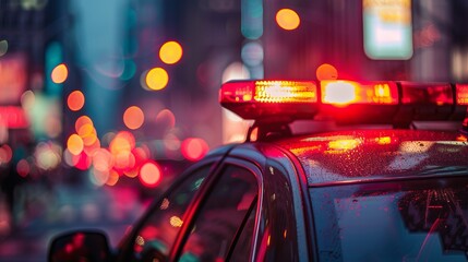 A scene of a police car with flashing red and blue lights patrolling an urban area at night, creating a sense of urgency and law enforcement presence in the city.