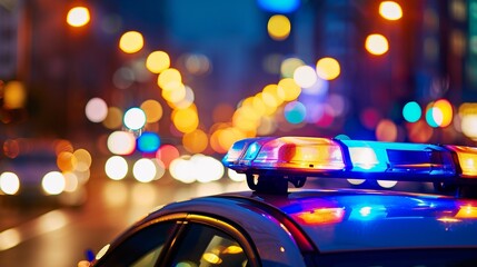 A scene depicting a police vehicle parked with flashing lights in a crowded city at night, highlighting the presence and role of law enforcement in maintaining public safety.