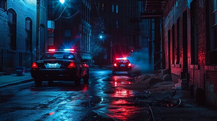 Police cars with flashing lights navigate a deserted, wet alley at night, creating an intense and atmospheric scene reflecting on the rain-soaked pavement and old buildings.