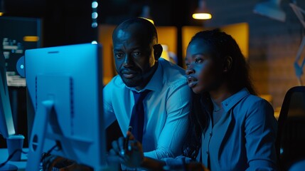 Two professionals collaborating on ideas while working at a computer in a modern office setting, symbolizing innovation, teamwork, and dedication in their respective roles.