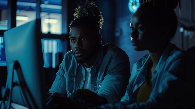 A man and woman working together at a computer in a dimly lit room, showcasing intense collaboration and focus on their project, representing teamwork and aspiration.