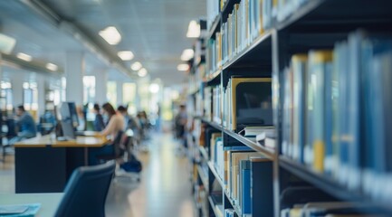 Fototapeta premium Blur background of children reading a book at spacious public library with large windows and natural scenery. Natural light interior photography.