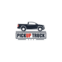 Obraz premium Modern pickup truck logo design. Emblem badge vector template for automotive business, transport company, car repair, cargo logistics, and off-road garage. Isolated on white background.