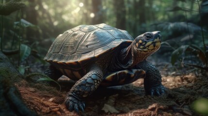 Obraz premium Closeup of a large tortoise walking on the forest floor with a blurred background