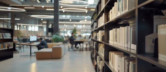 Fototapeta premium Blur background of children reading a book at spacious public library with large windows and natural scenery. Natural light interior photography.