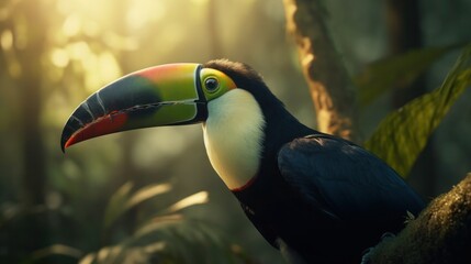 Colorful tropical toucan bird with large distinctive beak in vibrant rainforest