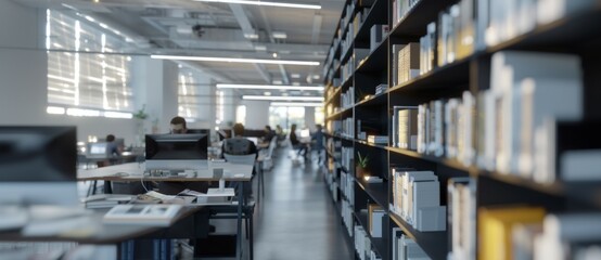 Blur background of children reading a book at spacious public library with large windows and natural scenery. Natural light interior photography.
