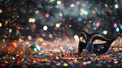 Celebratory scene with confetti, glittery mask, and colorful lights