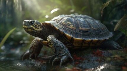 Obraz premium Closeup of a turtle on a rock in the middle of a forest with a soft focus background