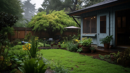 Obraz premium A house with a porch and a garden with yellow flowers. The flowers are in pots and the garden is wet from the rain