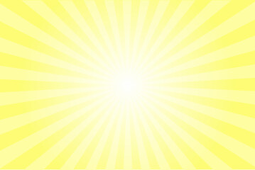 Obraz premium Light yellow sun ray vector background. Radial beam sunrise, sunset light retro design illustration. Light sunburst glowing background.