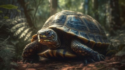 Obraz premium Closeup of a giant tortoise with a detailed shell pattern in a lush green forest