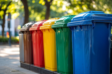 Assorted recycle containers lined up against lush greenery for public use in city sustainability