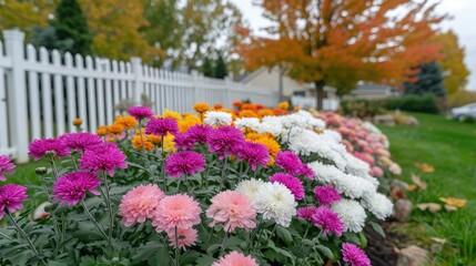 Autumnal Blooms Along a White Picket Fence