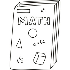 Doodle closed school textbook on math, algebra, geometry. Cute kids academic book, literature, encyclopedia. Back to school supply for study, reading, learning. Hand drawn illustration with outline.