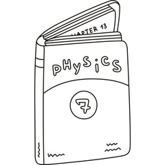 Cute open school textbook on physics for seven grade. Doodle kids academic book, literature, encyclopedia. Back to school supply for study, reading, learning. Hand drawn isolated outline illustration.