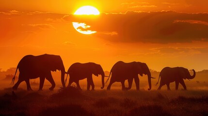 Majestic African Elephant Herd Strolling Across Savanna Under the Setting Sun