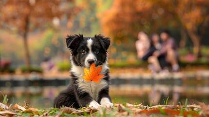 Fototapeta premium Autumnal Delight: A Border Collie Puppy Plays With a Leaf