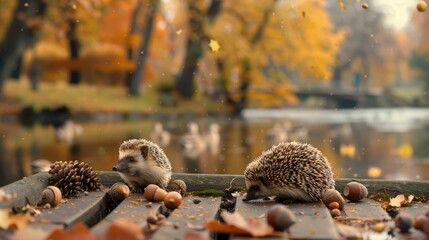 Obraz premium Two Hedgehogs Sharing a Fall Afternoon Meal
