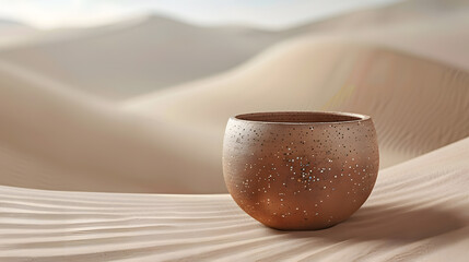 Minimalist Natural earth ceramic pot, front view focus, with clean sand zen background, ideal for wellness and spa product displays