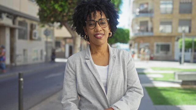 A young, beautiful african american woman with curly hair smiles at the camera while standing in a grey jacket on an urban street.