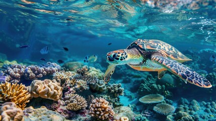 Fototapeta premium Majestic Hawksbill Turtle Gracefully Gliding Over Vibrant Coral Reef