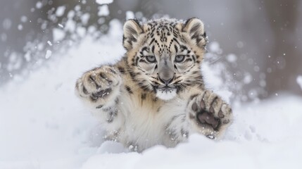 Fototapeta premium Playful Snow Leopard Cub frolicking in Winter Wonderland