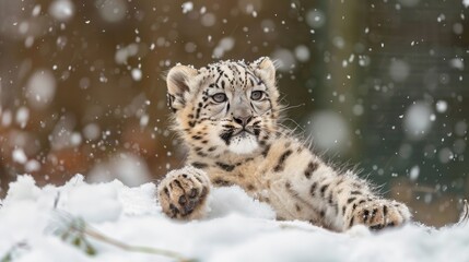 Fototapeta premium Adorable Snow Leopard Cub Frolicking in the Winter Wonderland