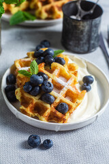 Belgian waffles with sour cream and blueberries in a plate