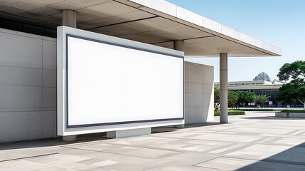 Fototapeta premium A blank white billboard is located in the center of an outdoor concrete architecture on a modern university campus with large open spaces and greenery, on a sunny day. The structure's roof creates