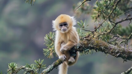 Naklejka premium Majestic Endangered Golden Snub-Nosed Monkey in the Serene Chinese Mountains