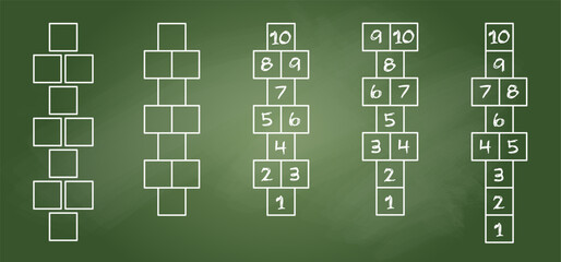 Cartoon hopscotch game on a floor, street or asphalt. Chalk drawing. School yard games. For kids playing hopscotch on playground. Hopscotch kid activity with numbers. Outdoor games for children sport.