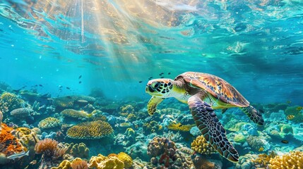 Fototapeta premium Majestic Hawksbill Turtle Swimming in Colorful Coral Reef Paradise