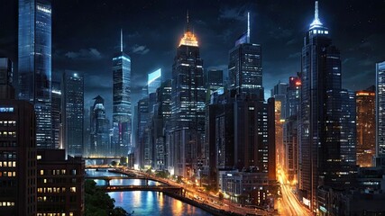 Illustration of a busy city at night